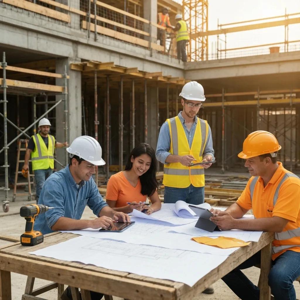 Construction professionals collaborating on a project, emphasizing teamwork and innovation in construction partnerships