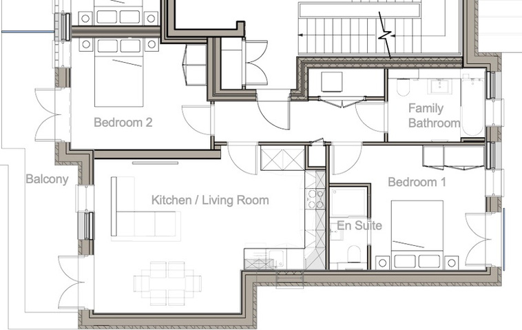 Floor plan of Flat 10 – Block B, First Floor: 2 Bedrooms, 2 Baths, Balcony