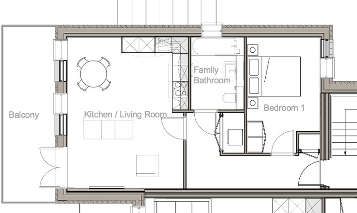 Floor plan of Flat 11 – Block B, Second Floor: 1 Bedroom, 1 Bath, Balcony