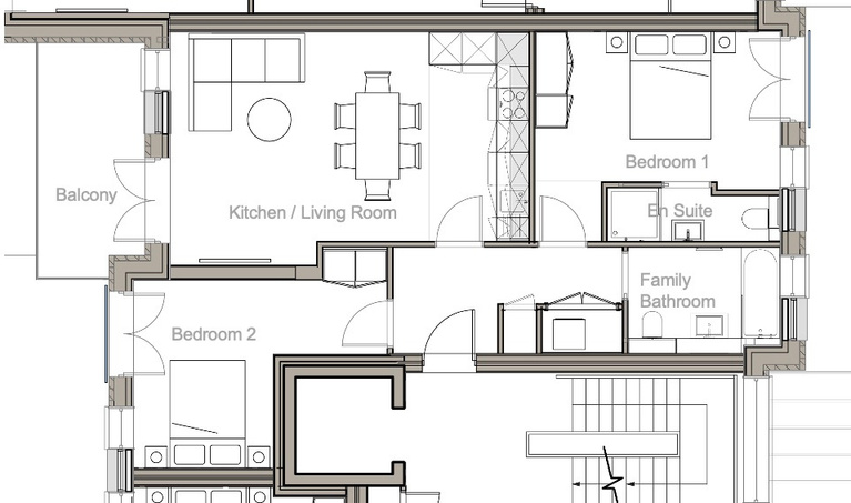 Floor plan of Flat 12 – Block B, Second Floor: 2 Bedrooms, 2 Baths, Balcony