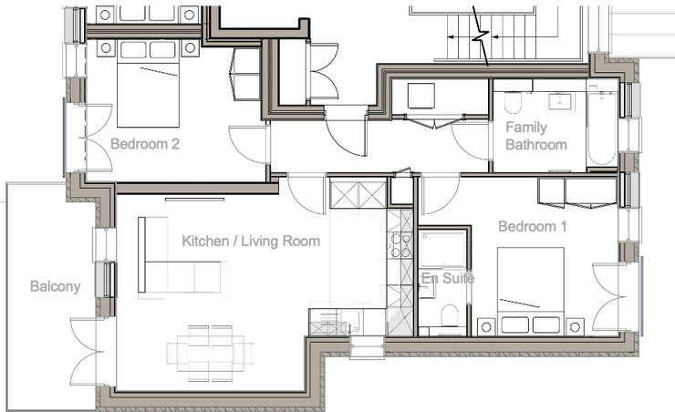 Floor plan of Flat 13 – Block B, Second Floor: 2 Bedrooms, 2 Baths, Balcony