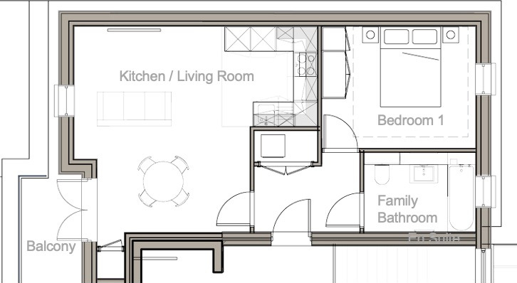 Floor plan of Flat 14 – Block B, Third Floor: 1 Bedroom, 1 Bath, Balcony