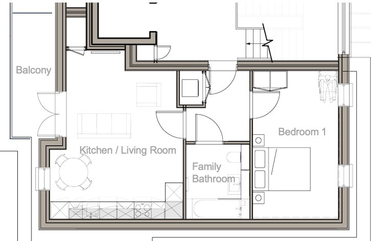 Floor plan of Flat 15 – Block B, Third Floor: 1 Bedroom, 1 Bath, Balcony
