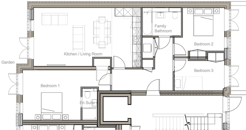 Floor plan of Flat 16 – Block C, Ground Floor: 3 Bedrooms, 2 Baths, Garden