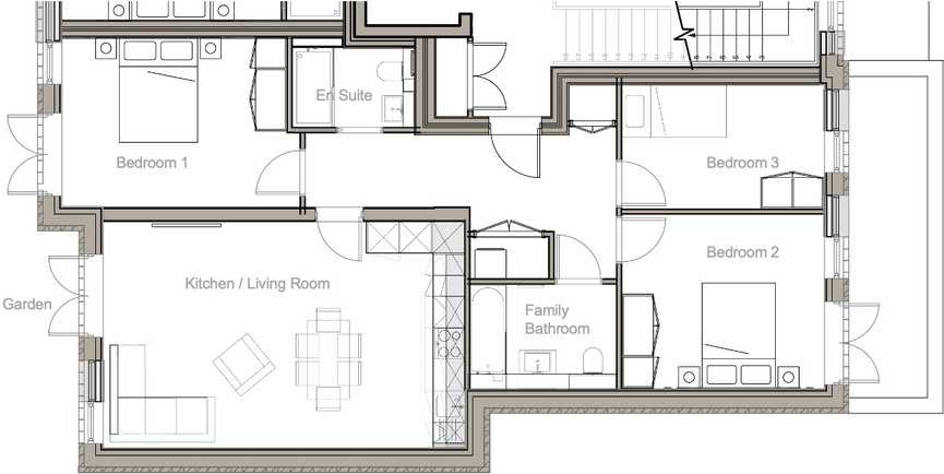 Floor plan of Flat 17 – Block C, Ground Floor: 3 Bedrooms, 2 Baths, Garden