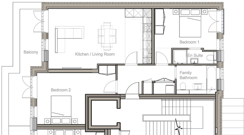 Floor plan of Flat 18 – Block C, First Floor: 2 Bedrooms, 2 Baths, Balcony