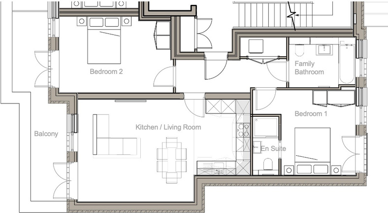 Floor plan of Flat 19 – Block C, First Floor: 2 Bedrooms, 2 Baths, Balcony