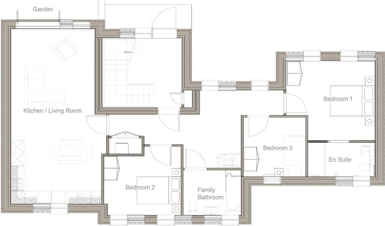 Floor plan of Flat 2 – Block A, Ground Floor: 3 Bedrooms, 2 Baths, Garden