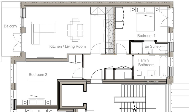 Floor plan of Flat 20 – Block C, Second Floor: 2 Bedrooms, 2 Baths, Balcony