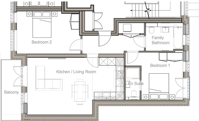 Floor plan of Flat 21 – Block C, Second Floor: 2 Bedrooms, 2 Baths, Balcony