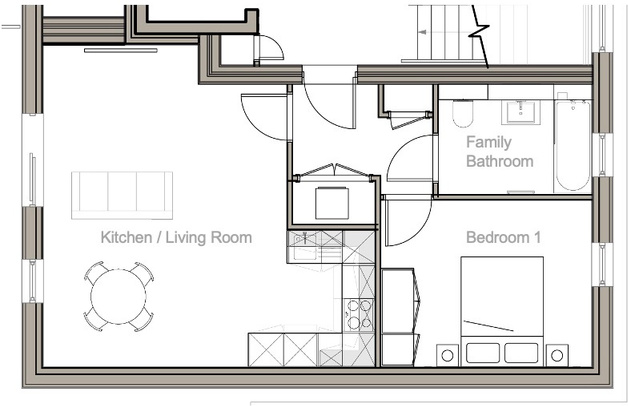 Floor plan of Flat 23 – Block C, Third Floor: 1 Bedroom, 1 Bath