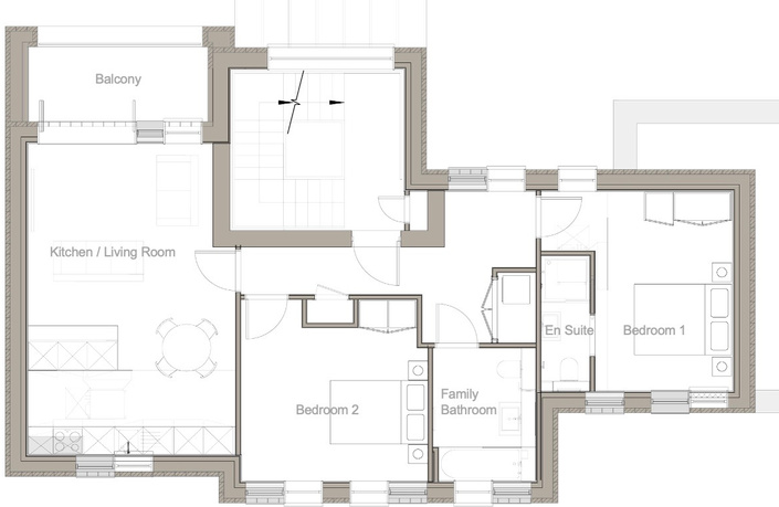 Floor plan of Flat 3 – Block A, First Floor: 2 Bedrooms, 2 Baths, Balcony