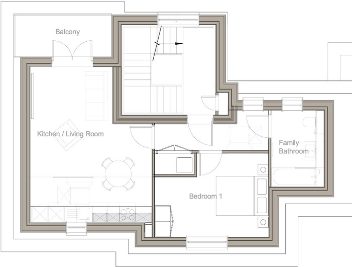Floor plan of Flat 4 – Block A, Second Floor: 1 Bedroom, 1 Bath, Balcony