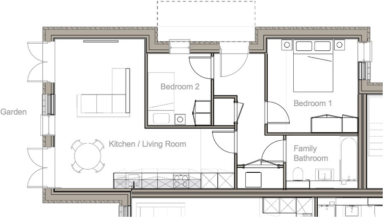 Floor plan of Flat 5 – Block B, Ground Floor: 2 Bedrooms, 1 Bath, Garden