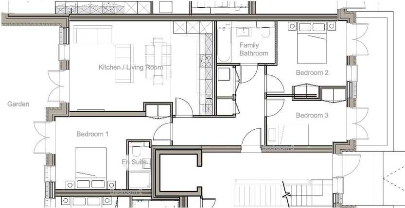 Floor plan of Flat 6 – Block B, Ground Floor: 3 Bedrooms, 2 Baths, Garden