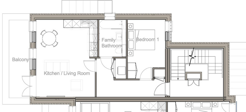 Floor plan of Flat 8 – Block B, First Floor: 1 Bedroom, 1 Bath, Balcony
