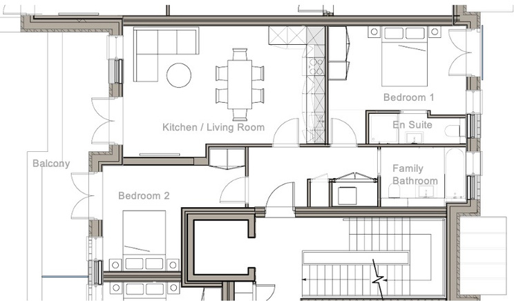 Floor plan of Flat 9 – Block B, First Floor: 2 Bedrooms, 2 Baths, Balcony